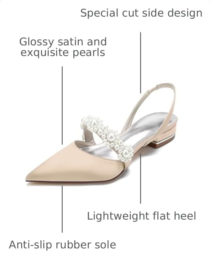 Image of Satin Pearls Wedding Shoes for Bride Flat Pointed Toe Women Slingback Flats
