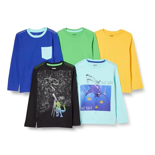 Amazon Essentials T-Shirt Maniche Lunghe Bambini e Ragazzi, Pacco da 5, Blu/Giallo/Nero, 4 Anni
