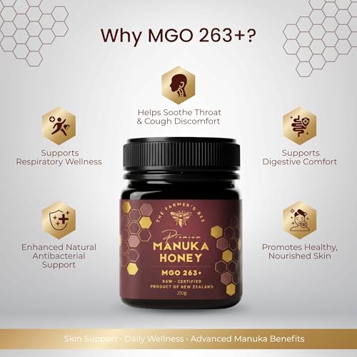 Image of THE FARMER'S BEE New Zealand Manuka Honey MGO 263+ (10+) | Monofloral Raw Honey | MGO Tested | Premium Imported Honey | Digestive Irritation Relief & Higher Antibacterial Strength | 250g