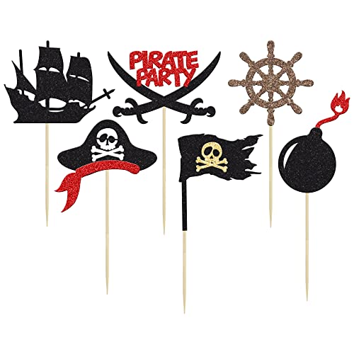 24Pcs Pirate Cupcake Toppers Black Glitter Nautical Sailing Skull Cap Cupcake Picks For Pirate Theme Baby Shower Kids Birthday Party Cake Decorations Supplies #TOP6