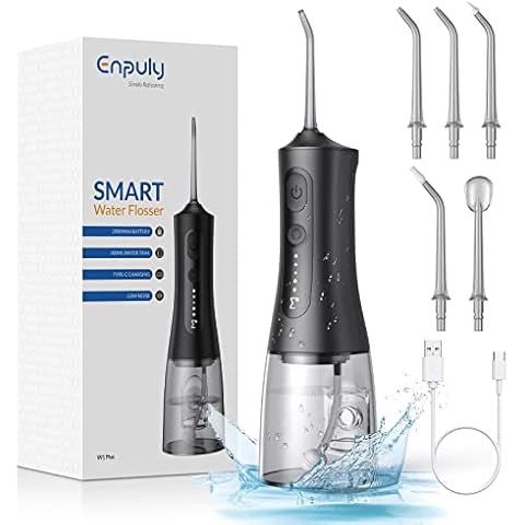 ENPULY Cordless Water Dental Flosser for Teeth Cleaning - 300ml Portable Water Teeth Cleaner Picks with 5 Modes, 5 Jet Tips, IPX7 Waterproof Rechargeable Water Flossers,Black Cover