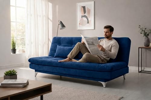 Image of FURNY Eagel 3 Seater Fabric Sofa Cum Bed with 2 Cushions (Dark Blue) Premium Velvet Fabric | Durable with Comfort | Perfect for Living Room, Bedrooms, Offices