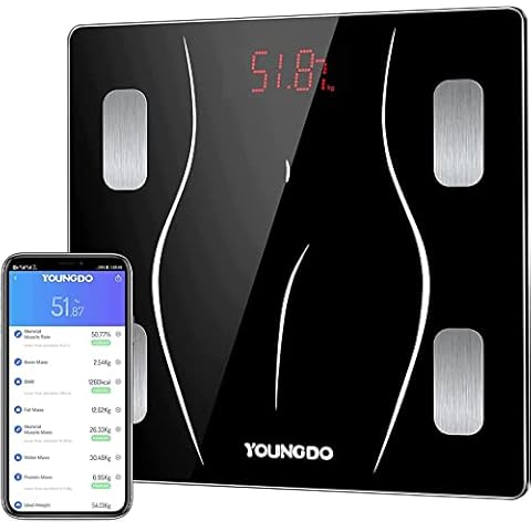 YOUNGDO Scales for Body Weight, Bluetooth High Precision Smart BMI Digital Bathroom Weighing Scale with 23 Datas USB Charging, Body Weight Composition Monitors with Smartphone App for Fitness Tracking Cover