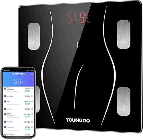 YOUNGDO Körperfettwaage 30x30cm-Größerer stabiler Bereich, Bluetooth personenwaage digital mit App, Wiederaufladbare Körperanalysewaage, Gewichtswaage mit Körperfett und Muskelmasse,BMI,BMR(23 Daten)