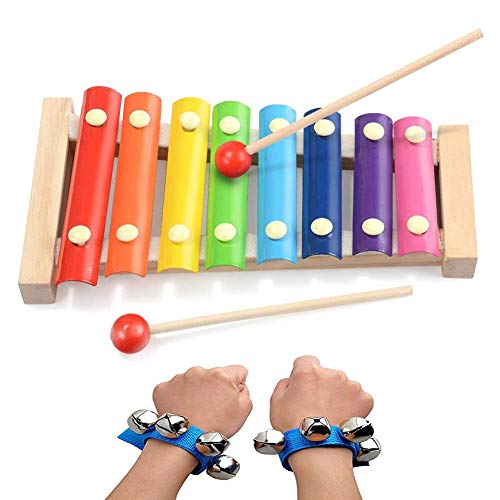SIMUER Baby Xylophone Wooden Xylophone Baby Musical Instruments Multi-color Musical Toy Baby Early Educational Games Mini Musicians with 2 Wrist Bell Perfect Kids Gift