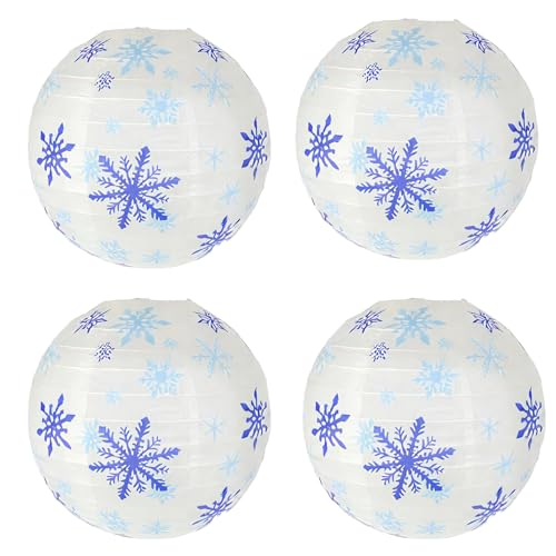Vastsea 4 Piezas Farolillos De Papel Colgantes De Copo De Nieve, Farolillos De Papel Navideños, para Decoraciones Navideñas con Luces (Azul y Blanco)