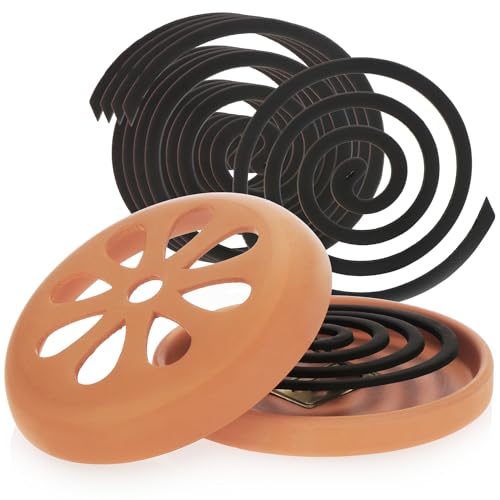 com-four® 6x Anti-Mücken-Spirale mit 1x Terrakotta-Behälter - Mückenkreisel mit Zitronenduft und Räucherspiralenhalter aus Ton - Moskitokringel-Halter - Outdoor Räuchertopf (1x Topf + 6x Spirale)