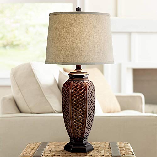 Country Cottage Tropical Style Table Lamp Brown Woven Wicker Pattern Beige Linen Drum Shade Decor for Living Room Bedroom House Home Dining Office Reading Entryway Family