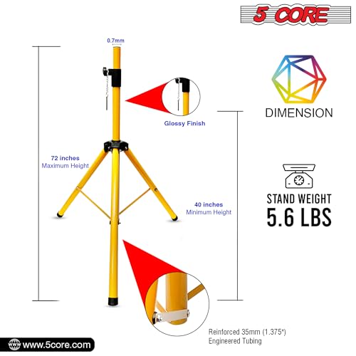5 Core Speaker Stand Tripod Pair Floor Heavy Duty Adjustable Up to 72 Inch DJ Studio Monitor Stands Pole Mount - SS HD 2 PK YLW Bag