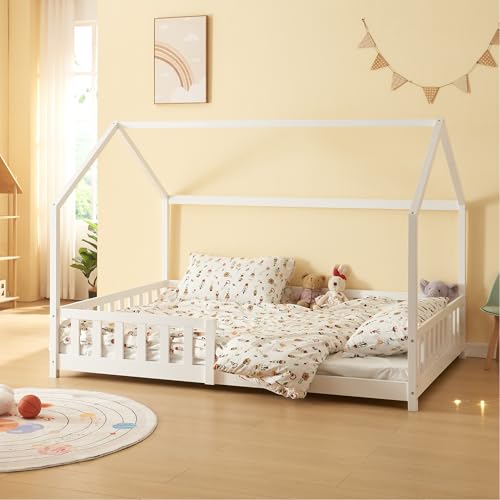 [en.casa] Cama para Niños Decrativa Cama Infantil Individual con Somier y Barandilla Estructura en Forma de Casa Estilo Montessori Madera de Pino 120 x 200 cm - Blanco