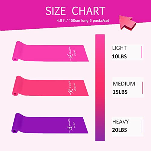 Image of Therapy Flat Resistance Bands Set, Latex Free Flat Elastic Exercise Stretch Bands for Stretching, Flexibility, Pilates, Yoga, Ballet, Gymnastics, Rehab, Workout, Pink, Purple, Blue (3 Pack, 5 FT long)