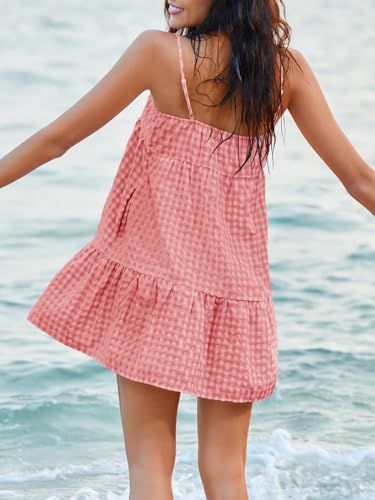 Image of Womens Summer Plaid A-line Sleeveless Casual Flowy Mini Sundress | Spaghetti Strap,Gingham Y2K,Maternity,Vacation,Country Concert,Short Dresses,with Pockets