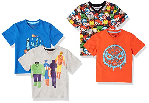 Amazon Essentials Disney | Marvel | Star Wars T-Shirts Col en v à Manches Courtes (Déjà Spotted Zebra) Garçon, Lot de 4, Icônes Marvel, 4 ans