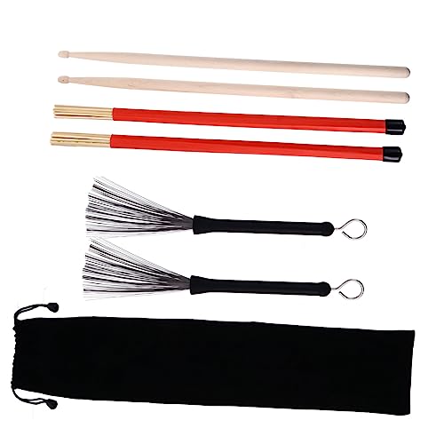 Conjunto de baquetas TOYANDONA, 1 set con cepillos retráctiles de alambre de acero y varillas de bambú, accesorios esenciales para bateristas, incluye bolsa transportadora