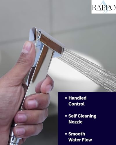 Image of RAPPO Solid Brass Health Faucet with Flexible Hose and Wall Hook Chrome Finish Handheld Jet Spray for Toilet Bathroom Accessory Durable Easy Install Utility Set (Mini Square - with Hose & Hook)