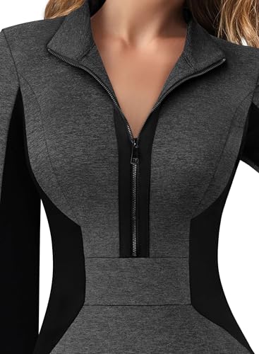 VFSHOW Womens Professional Work Business Casual Office Front Zipper Colorblock Fitted Pencil Sheath Dress4