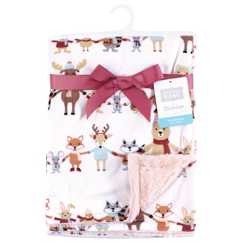 Image of Hudson Baby Infant Girl Plush Blanket with Furry Binding and Back, Girl Winter Woodland Friends, One Size (Pack of 2)