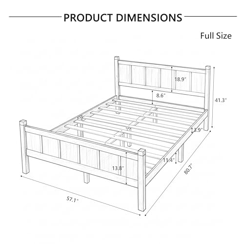 Image of Full Size Vintage Bed Frame with Headboard, Farmhouse Wooden Platform Bed with Under-Bed Storage, Minimalist Modern Wood Grain Finish Bedframe for Bedroom (Light Walnut)
