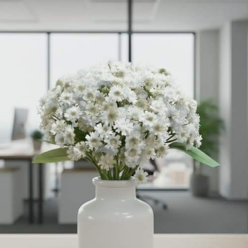 Image of Artificial Baby Breath White Flower Bouquet - 12 Stems, 28cm Height Faux Bunch with Green Leaves for Home, Office, Wedding & Party Decoration