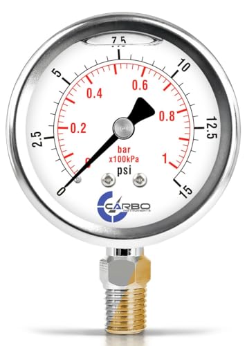 Image of 15 PSI Glycerin Liquid Filled Pressure Gauge, 2.5 inch Dial, 1 /4 NPT Lower Mount, 304 Stainless Steel Case, Brass Wetted Parts, Dual Scale PSI /Bar - ASME B40.1 Grade A