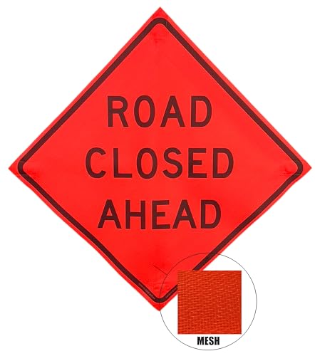 Image of OrangeGear 36 inchx36 inch Road Closed Ahead Mesh Sign & Steel Spring Stand | MUTCD TTC compliant orange mesh roll-up sign kit with fiberglass cross ribs and single-spring steel stand.