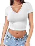 Short Sleeve V Neck Crop Top for Women Soft Workout Shirt Going Out Tops Sexy Slim Fitted Casual Base Layer Lightweight White