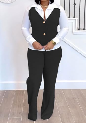 HuiSiFang Women 2 Piece Sets Dressy Casual Long Sleeve Patchwork Vest and Pants Set Work Outfits2