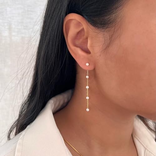 Pearl Earrings for Women - 18K Long Pearl Dangle Earrings Bridal Wedding Earrings Gold Pearl Drop Earrings for Women Elegant Jewelry Gifts3