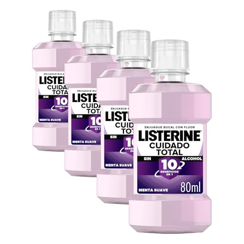 Listerine Cuidado Total Sabor Suave 80 ml, enjuague bucal sin alcohol, colutorio encías con 10 beneficios en 1, enjuague bucal para 12 horas de protección (Paquete de 4)
