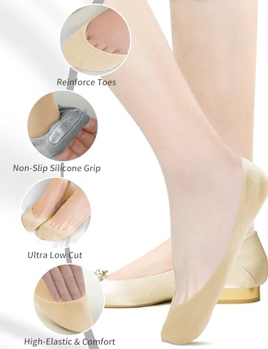 Image of AURUZA Womens 4-6 Pairs No Show Low Cut Non Slip Cotton Socks, Footies Liners Flats Boat Sock Loafer Half Heel Invisible