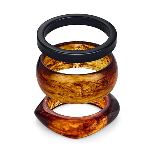 WOWORAMA 3pcs Colorful Resin Acrylic Bangle Bracelets Set for Women Wide Chunky Acrylic Bracelets Stackable Geometric Acetate Resin Bangles Stack Plastic Statement Bracelet
