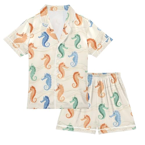 ALAZA Funny Color Seahorse Satin Pajamas Set Short Sleeve Button Down Sleepwear Summer Pjs 2 Piece