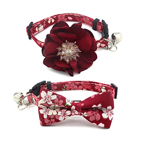 PETFAVORITES Flower Dog Cat Collar for Small Dogs Girl Cats- 2 Pack Cute Floral Female Puppy Collars with Removal Bowtie and Luxury Crystal Pistil Studded Flower Charm (Red Sakura, Size XS)