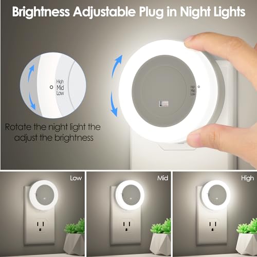 Image of 2-Pack LED Night Lights Plug in Dimmable with Sensor 5000K Daylight White | Nightlight Plug Into Wall Adjustable for Adults Bedroom Bathroom Living Room Kitchen