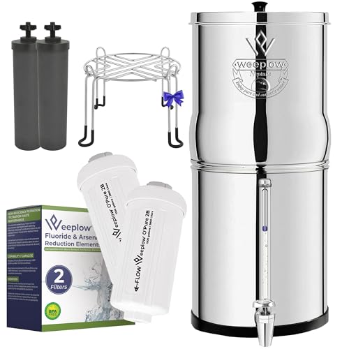 Weeplow® Neptune 11 L + O'Pure 2B – Système de filtration d’eau par gravité avec 2 filtres O'Pure 2 et 2 filtres de réduction du fluorure et de l’arsenic, robinet et support inox inclus
