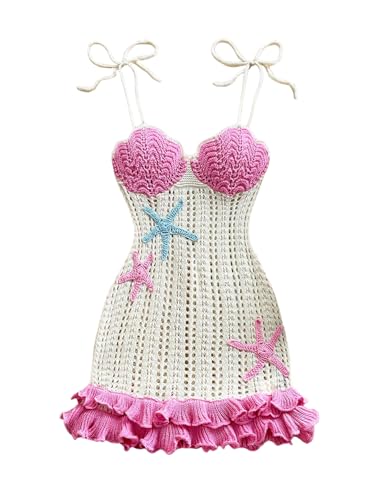 Verdusa Women's Boho Chic Colorblock Starfish Tie Shoulder Crochet Dress Hollow Out Ruffle Layered Mini Dress Pink Beige Small