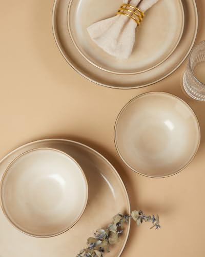 Image of Pokini 24 Piece Dinnerware Sets for 8, Modern Stoneware Plates and Bowls Setst, Perfect for Family Gatherings & Holiday Celebrations, Easy Cleaning Dishes Set, Stack Compactly Dishware, Mocha Beige