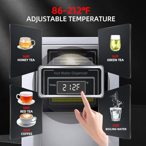 Image of Hot Water Dispenser Commercial Water Boiler Countertop Hot Water Machine Stainless Steel Step-heating Temperature Control 86-212F for Boba Tea Coffee Office Restaurant 1600W, 25L(6.6GAL) /Hour, Silver