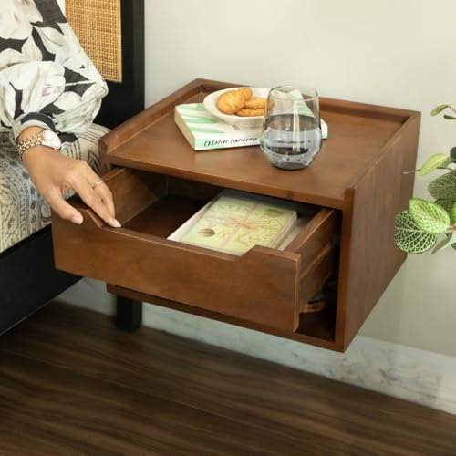 Image of Solid Sheesham Wood Wall Mounted Nightstand | Bedside Table with Drawer & Open Shelf | Space Saving Side Table for Bedroom & Living Room Decor | Modern End Table