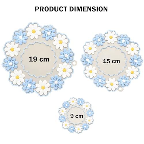 Image of Signamio Silicone Mat for Kitchen - Heat Resistant Flower Shaped Trivet Mat Set, Coasters for Dining Table for Hot Pots, Pack of 3-1 Small, 1 Medium, 1 Large Heat Mats - Blue