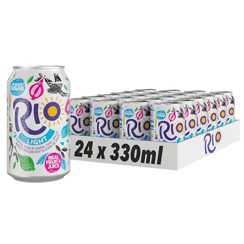 Rio Tropical Light Fizzy Drinks Cans 24 Cans Soft Drink Pack with Real Orange Apricot Mango Passion Fruit Guava Juice and No Added Sugar Lightly Sparkling Cans 24 x 330ml