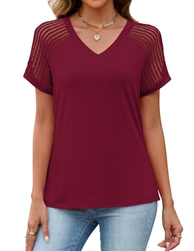 JUSTFASHIONNOW Short Sleeve Blouses for Women Dressy Casual Summer Tops Business Work V Neck Shirts Spring Clothing（Wine Red,Small — view 5