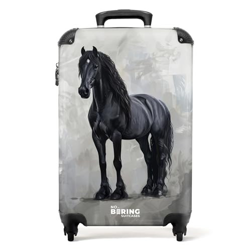 NoBoringSuitcases.com Valise enfant, Bagages Fille, Valise Cabine Roulette, 55x35x25cm (Cheval Noir - Gris)