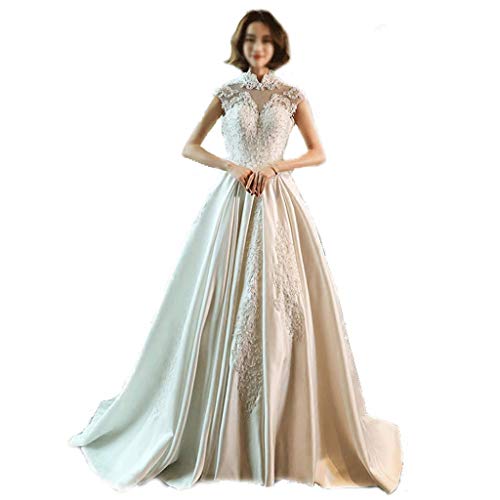 CAIM-Robes Robe de mariée de Mariage rétro col en V traînant Dames traîne Robe de soirée en Satin plissé (Color : White, Taille : L) Cover