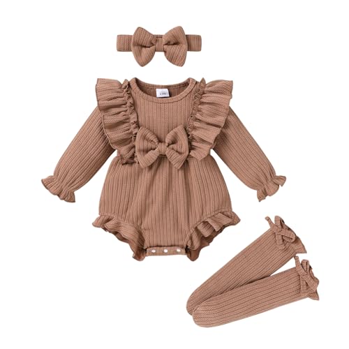 Image of YOUNGER TREE Newborn Baby Girl Clothes Sweater Long Sleeve Ruffle Bow Romper Bodysuit Spring Fall Winter Outfits