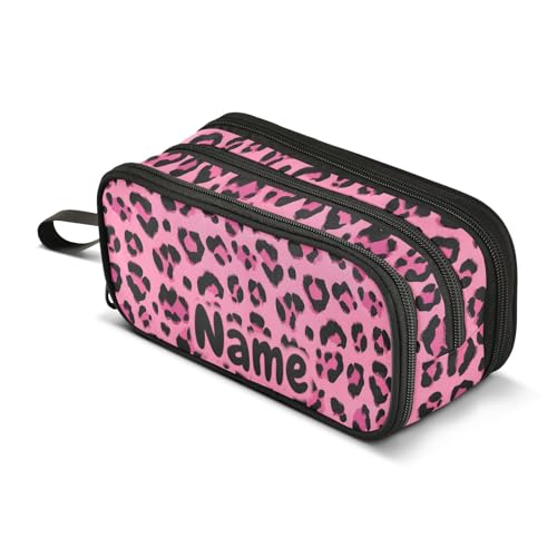 Image of Custom Hot Pink Black Leopard Print Pencil Case Box Boys Girls Personalized Name Large Pencil Pouch Stationery Pen Bag Organizer for Kids Adults School Office