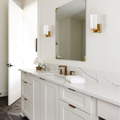 Image of DEYNITE Modern Plug in & Hardwired Wall Sconce Brass Bathroom Vanity Light | Set of 2 Wall Mounted Light with milky white glass shade rotary on /off dimmable switch for bathroom bedroom