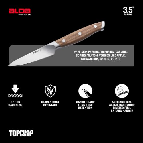 Image of Alda Top Chop Paring Knife 3.5 Inch (9 cm) - Carbon Stainless Steel Blade|Full Tang Acacia Wood Handle|Precision Peeling|Trimming, Carving & Coring Knife for Apple, Strawberry, Garlic & Potato, 57 HRC