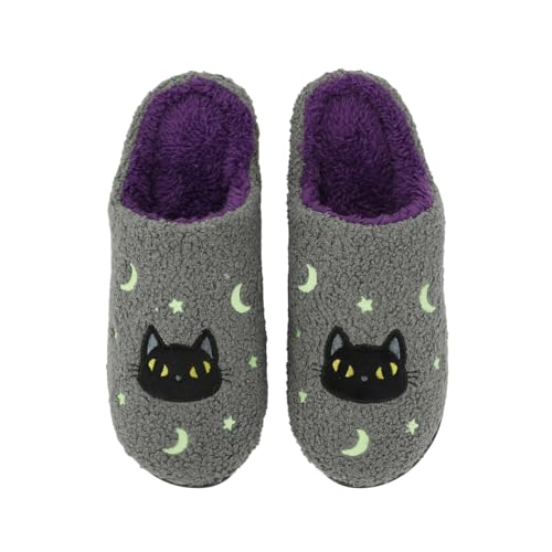 Bioworld Halloween Black Cat Glow Moon & Stars Adult Gray Scuff Slippers2