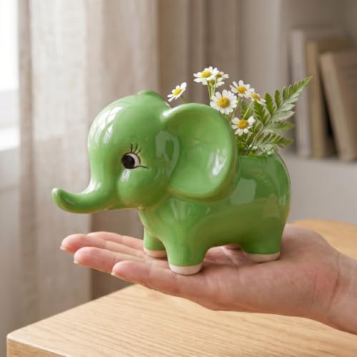 Image of Ceramic Elephant Succulent Planter Pots - Set of 2, Green Glossy Flower Pots for Indoor Home Decor, Office Desk, Balcony & Gifting (Plants Not Included)